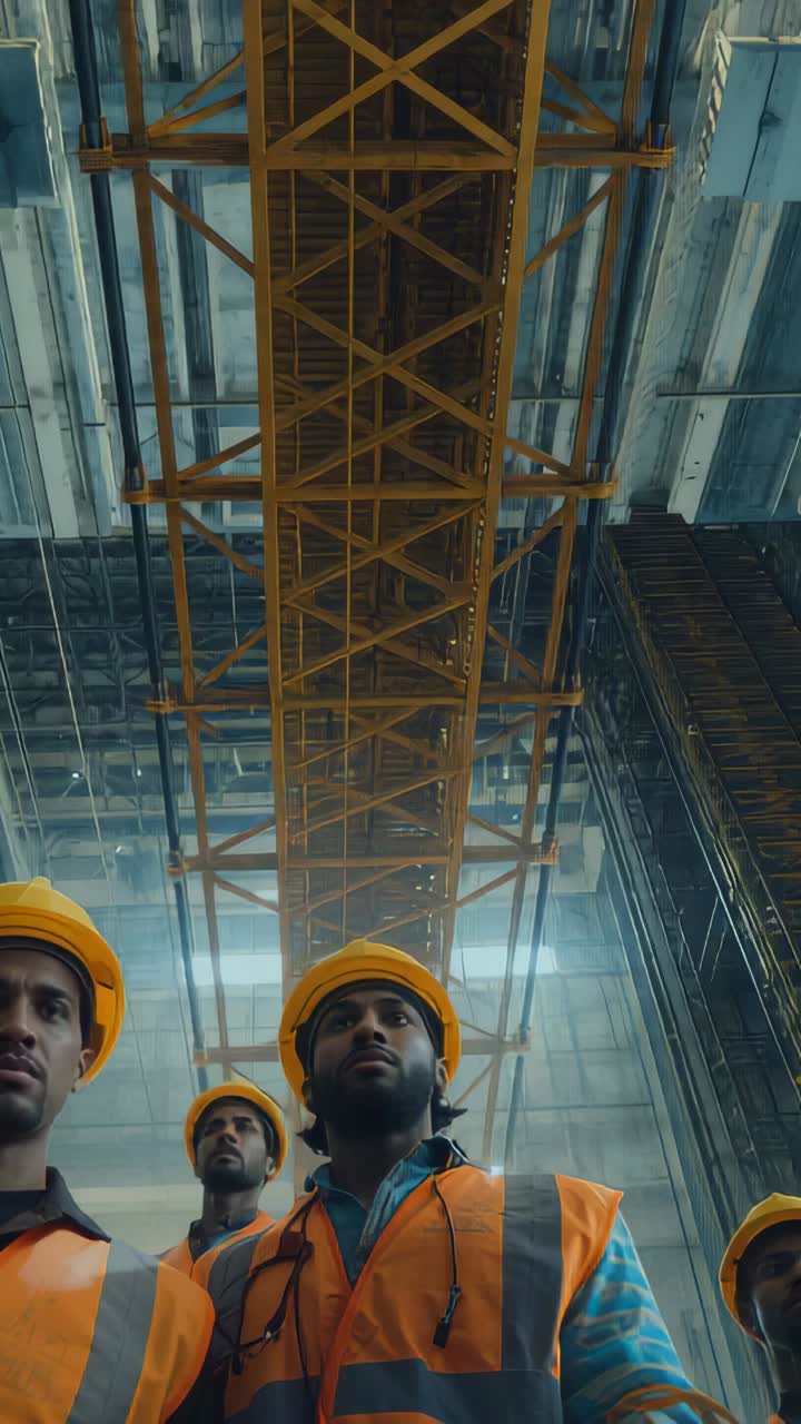 Vertical video: Noticing truss, crew inspecting at site, wearing yellow hard hats and safety vests