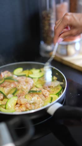 cooking shrimp and zucchini stir-fry