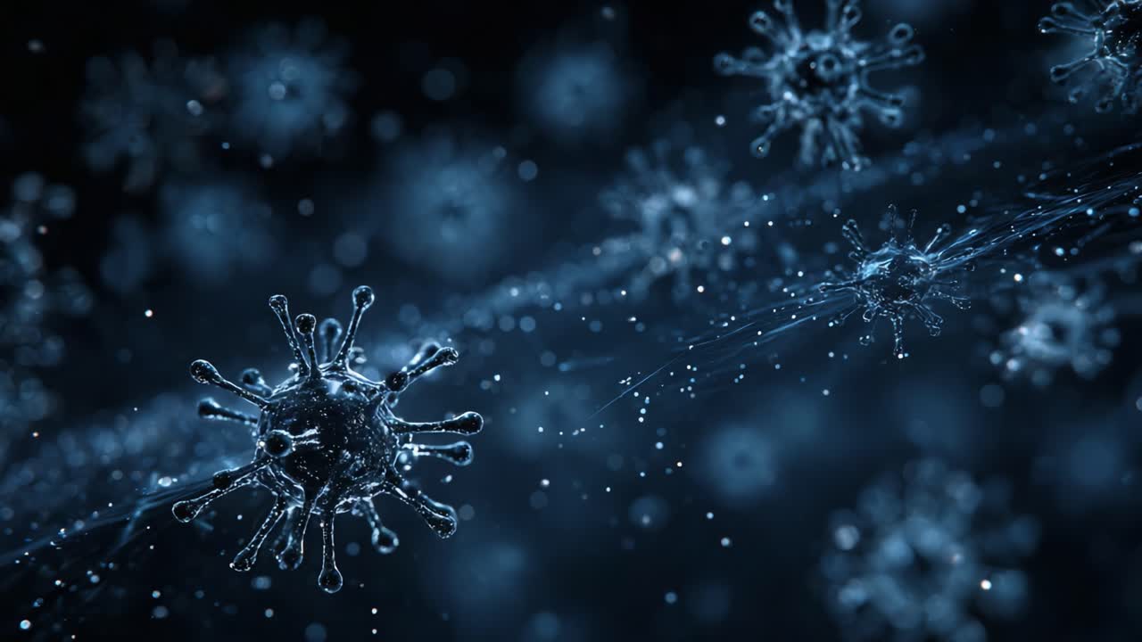 A Detailed Exploration of Microscopic Viral Structures and Their Movement in a Dark, Stylized Environment, Highlighting Their Intricate and Complex Forms