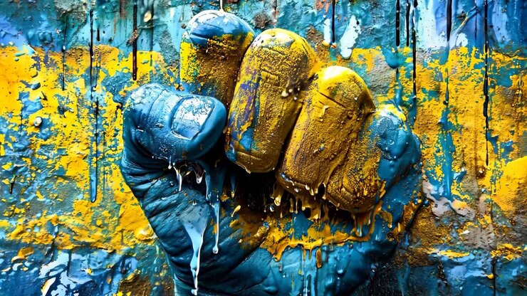 Ein Gemälde einer Faust, bemalt in blauer und gelber Farbe.