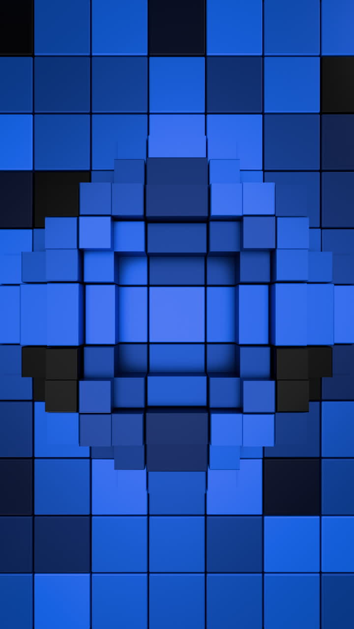 Complex Blue Vertical 3D Voxel Grid Background with Pulsating Motion Loop. 3D rendering