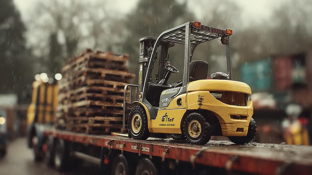 Un carrello elevatore si muove in un giorno di pioggia, trasportando pallet di legno su un rimorchio a pianale in un ambiente industriale cupo