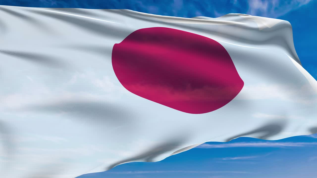 bandera de japón con estructura de tela contra un cielo nublado (loopable)