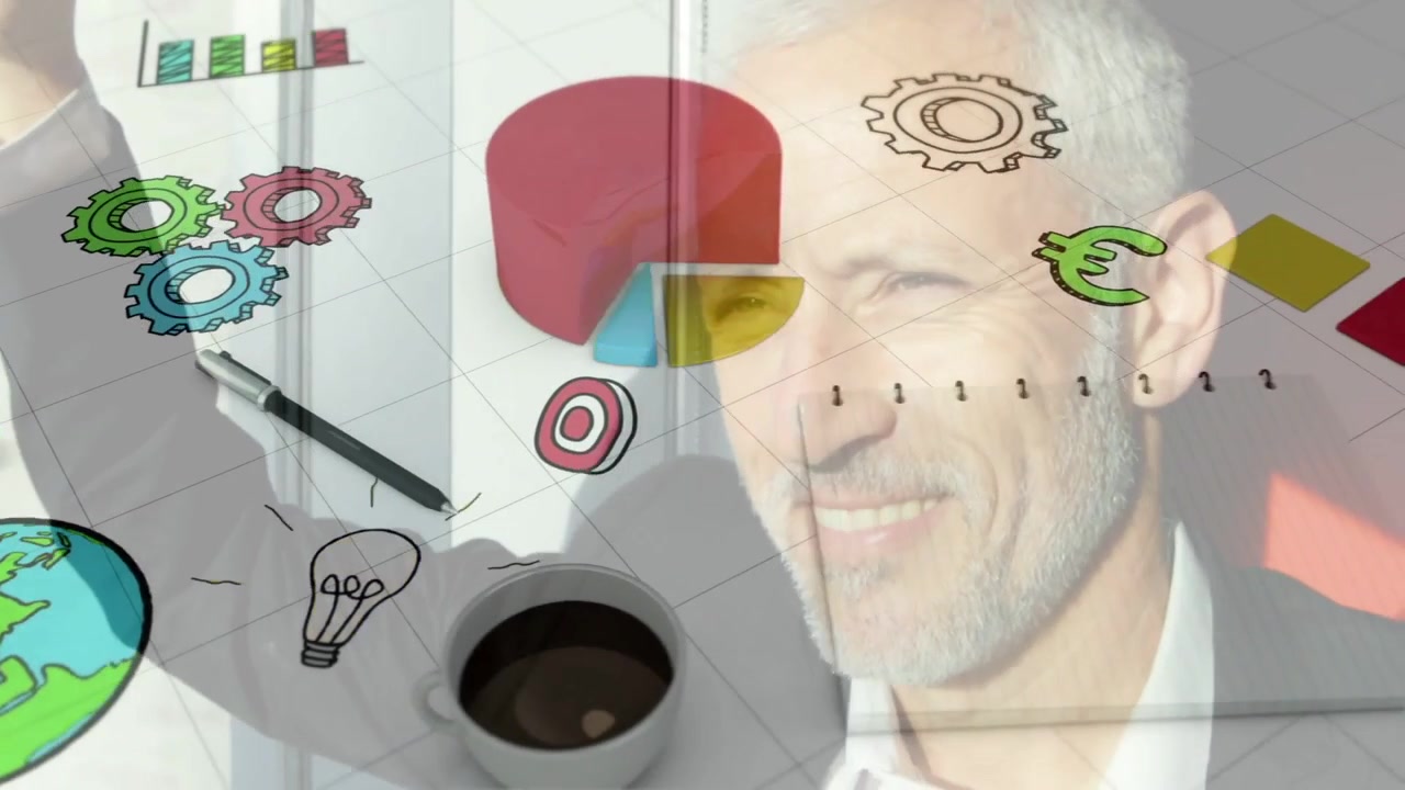 Iniciando actualización de datos, anfitrión desvaneciéndose, levantando el brazo, cubos convirtiéndose en barras ilustrando métricas