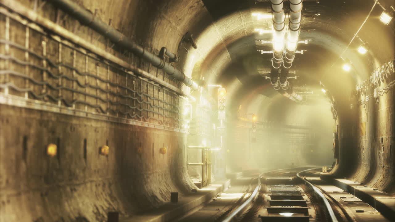 An underground tunnel stretches into the distance illuminated by soft light