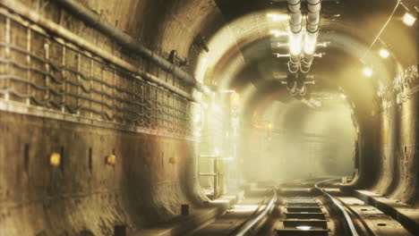 an underground tunnel stretches into the distance illuminated by soft light