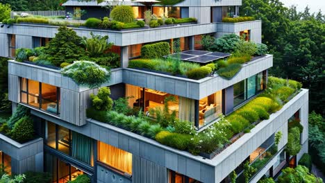 modern residential building with lush rooftop and terrace gardens