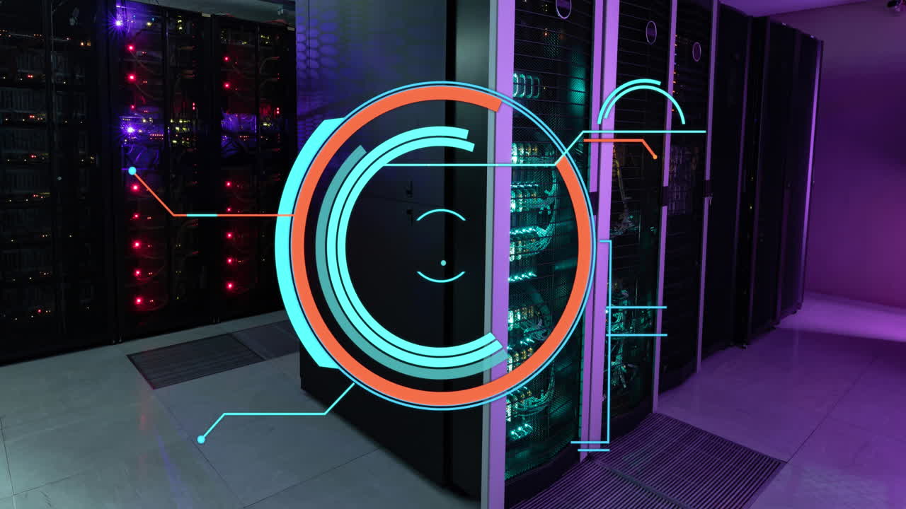 animación del escáner redondo contra la sala del servidor de la computadora.