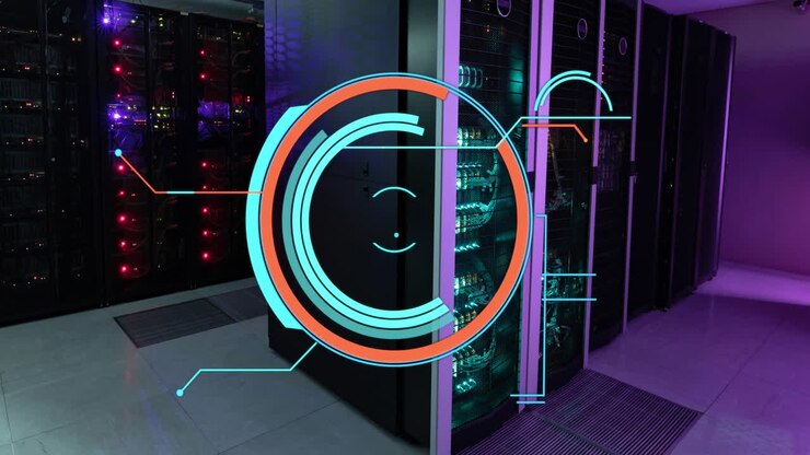 Animation of round scanner against computer server room