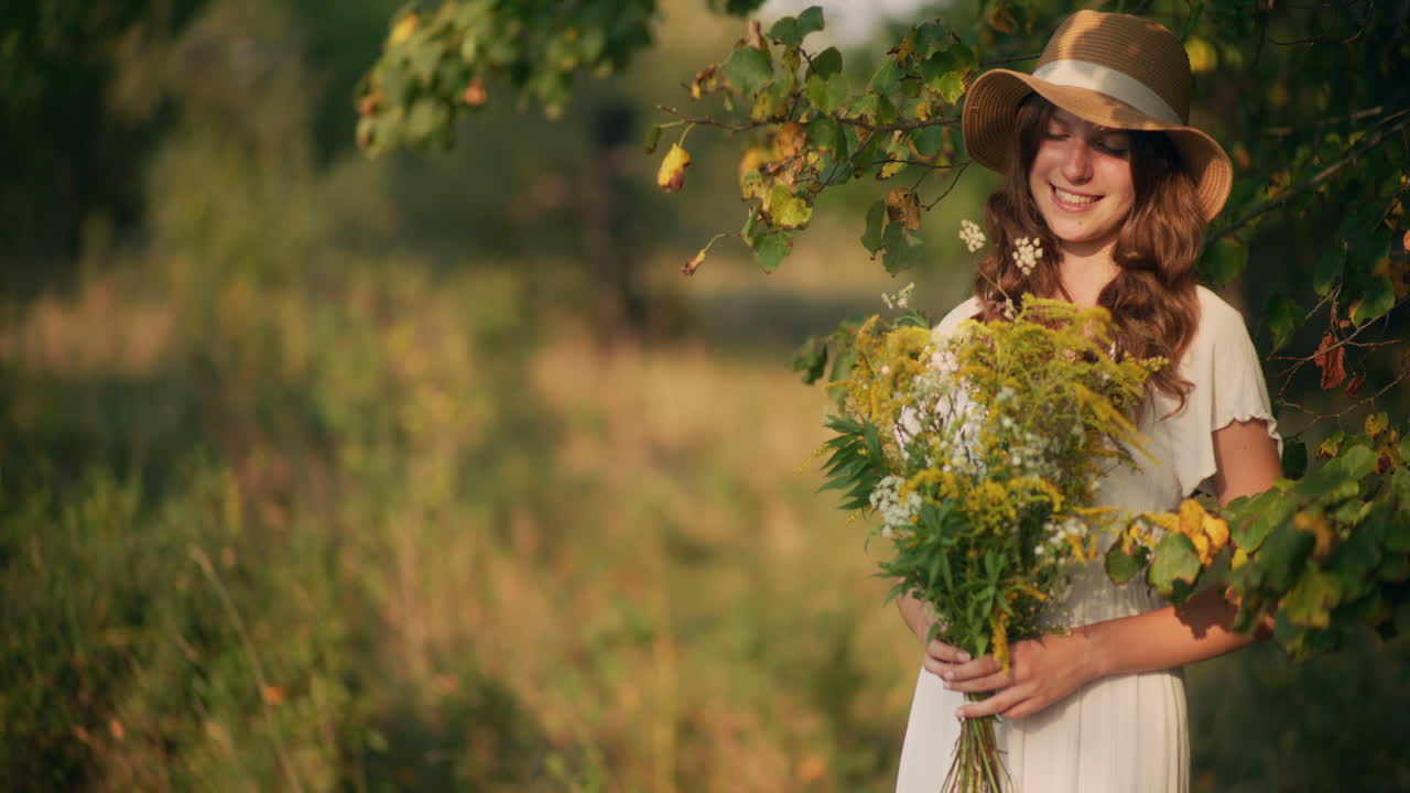 Smiling girl in hat with wildflowers