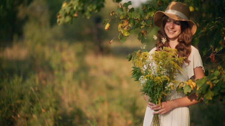 Smiling girl in hat with wildflowers