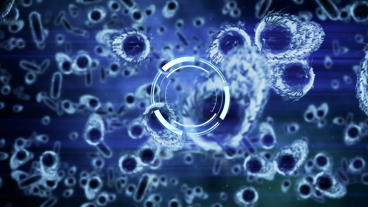 코로나 19 세포 위에 회전하는 원형 스캐너의 애니메이션, 파란색