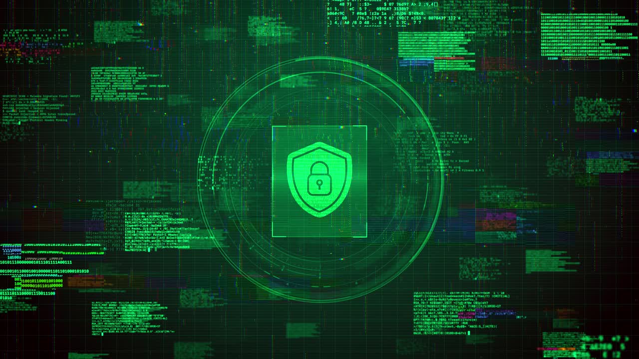 Futuristic Shield Icon Over Green Hacking Glitch Animation Background