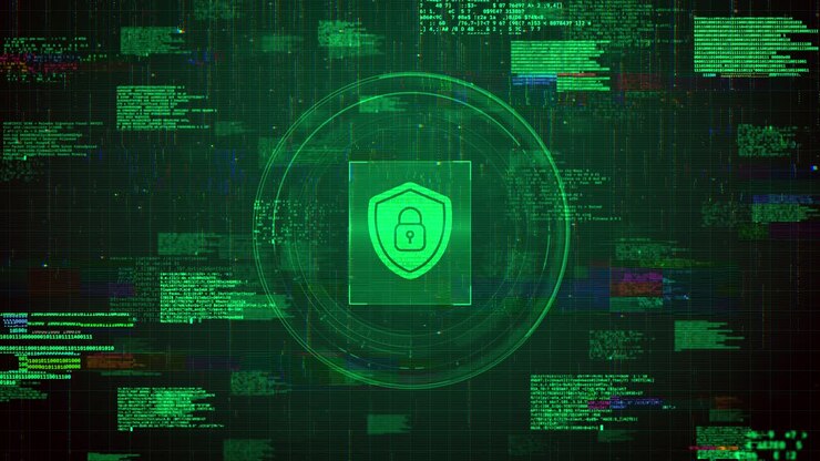 Futuristic Shield Icon Over Green Hacking Glitch Animation Background