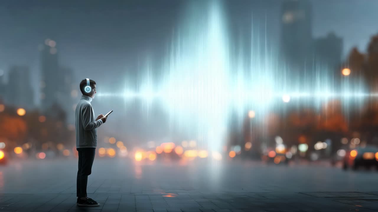 Person listening to music with headphones in a city at night with sound wave visualization