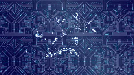 animación de luz líquida blanca brillante sobre la placa base de la computadora azul