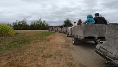 Action-shot-of-people-riding-a-tram-through-an-apple-orchard