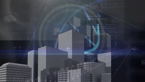animación de la cadena de adn y procesamiento de datos sobre el paisaje urbano