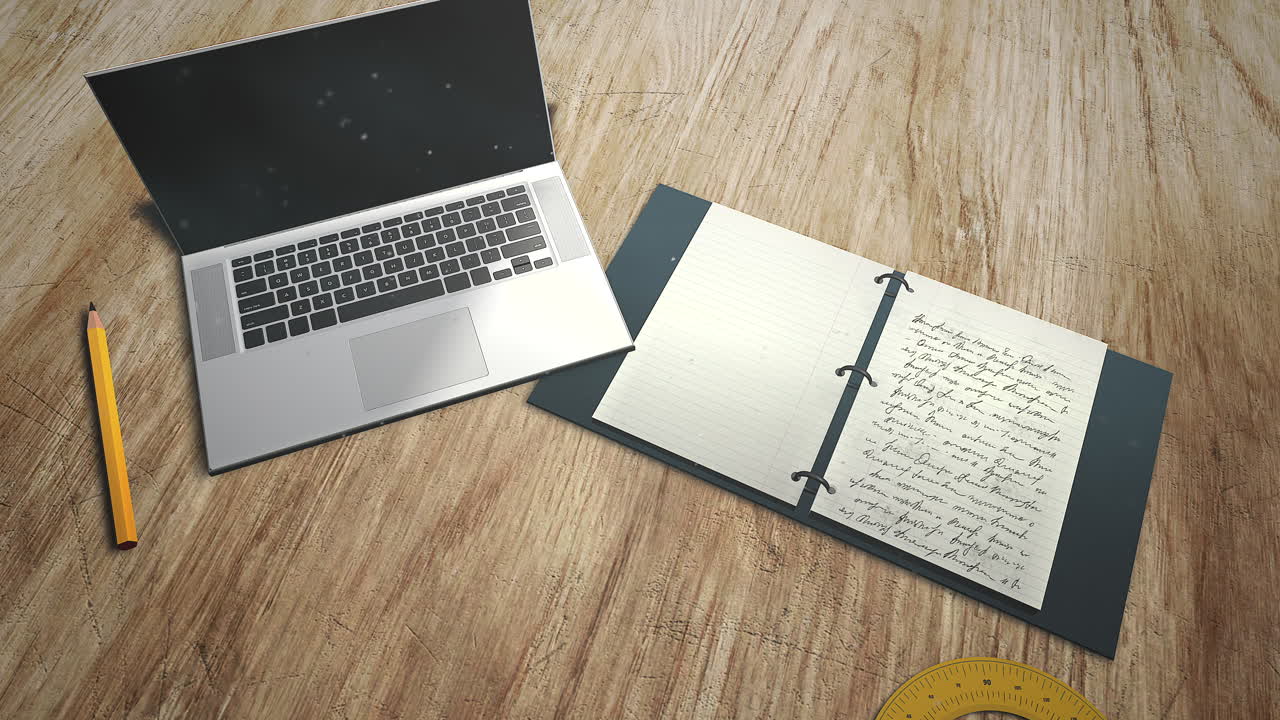 primer plano, tabla, de, estudiante, con, cuaderno, y, computador portatil, escuela, plano de fondo