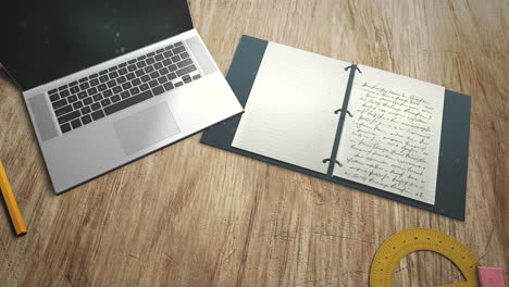 primer plano, tabla, de, estudiante, con, cuaderno, y, computador portatil, escuela, plano de fondo