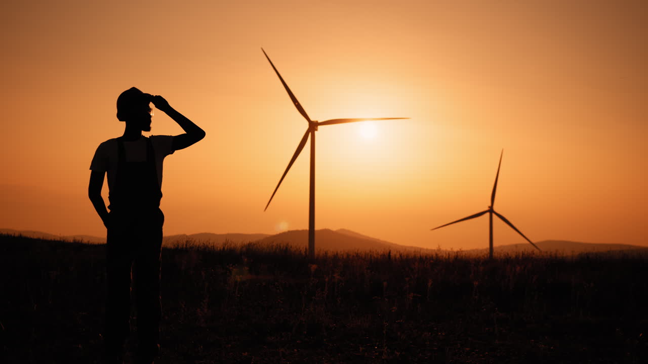Farmer contemplates the sunset over a wind farm