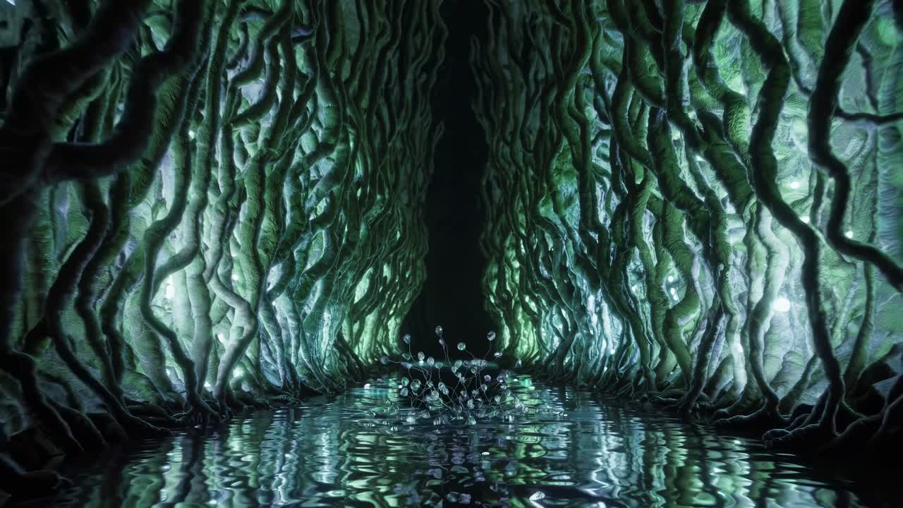 Fantasy forest path between glowing twisted trees