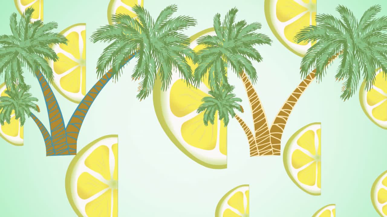 Animation of lemon halves and palm trees on green background