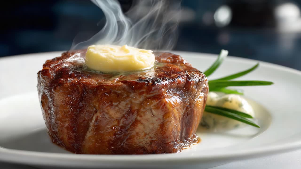 Indulge in a Flavorful Culinary Delight - A Perfectly Cooked Steak with Melting Butter and Aromatic Herbs, Captivating All Senses with its Appearance and Aroma