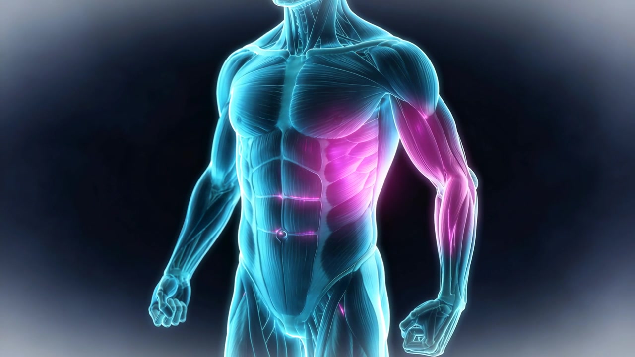 Attivando un nodo magenta, un'evidenziazione attraversa un torso maschile traslucido in studio, rivelando i muscoli.