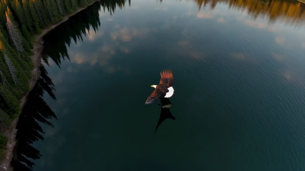 Bald Eagle Flying Over a Calm Mountain Lake