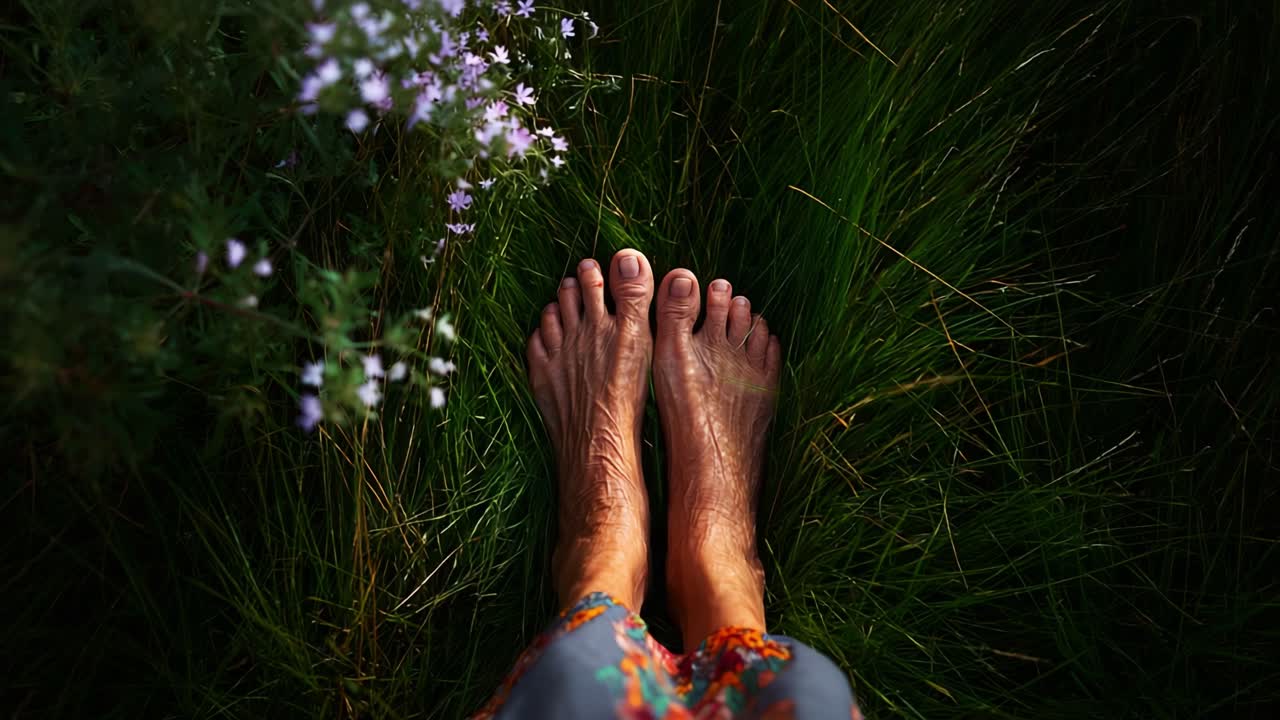 Capturing the Beauty of Nature: A Serene Moment with Bare Feet on Lush Green Grass Surrounded by Delicate Wildflowers, Emphasizing Connection to Earth and Vibrant Serenity