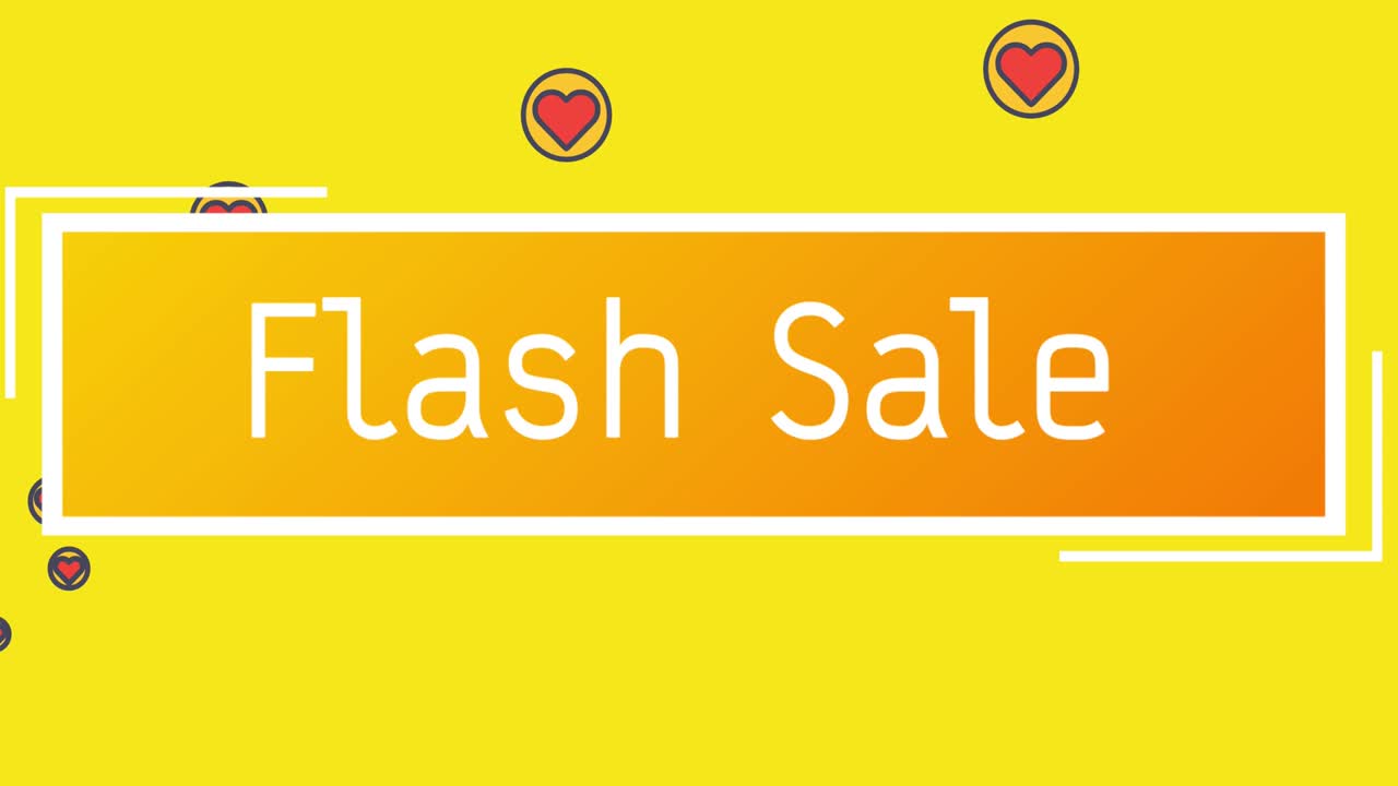 노란색 배경에  ⁇ 은 심장 아이콘에 맞춰 직사각형 모양의 플래시 판매 텍스트
