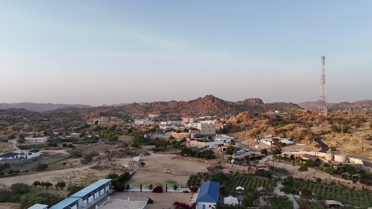 Remote Town With the Sarawat Mountains In The Background Near Al Taif In Saudi Arabia. Aerial Shot