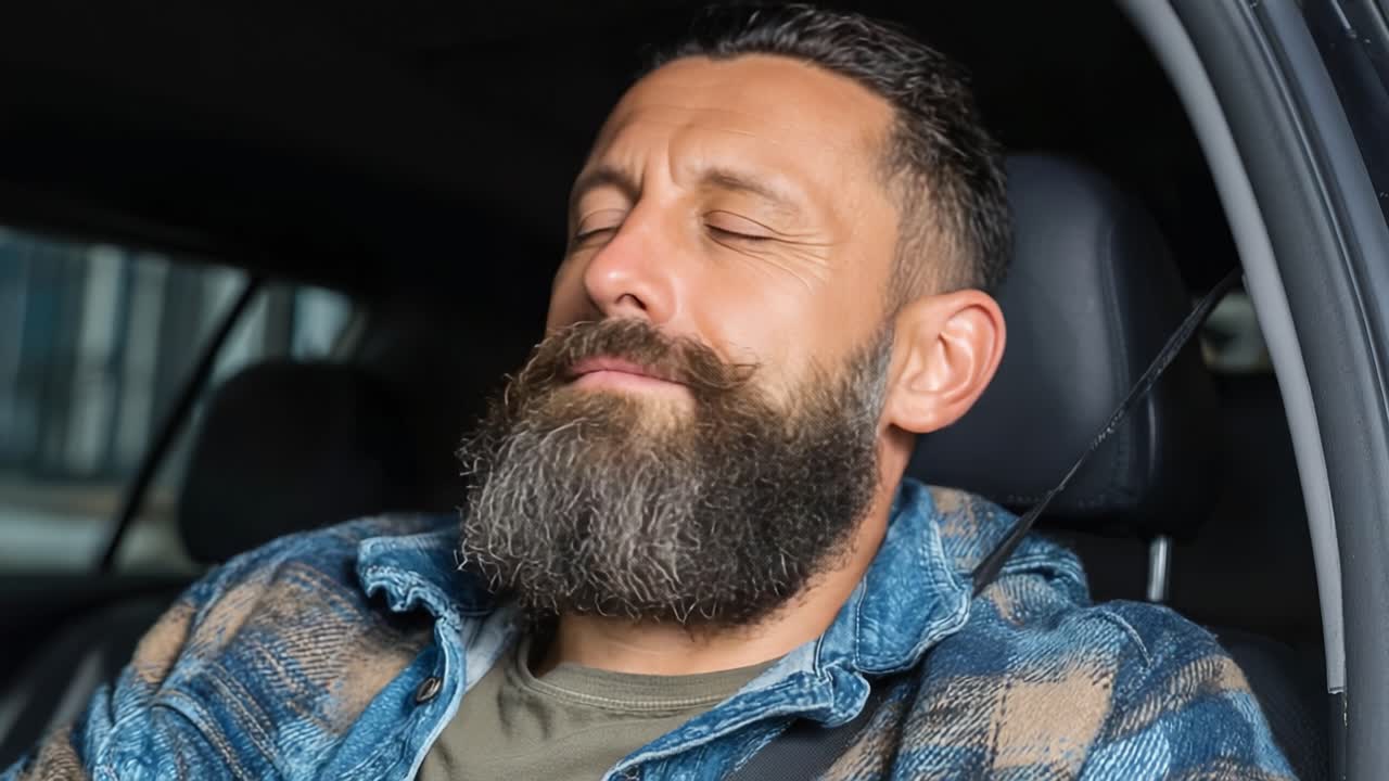 Un uomo rilassato che si gode un momento di calma in un veicolo, sottolineando la tranquillità e la pace nella vita quotidiana, con gli occhi chiusi e un'aria confortevole.