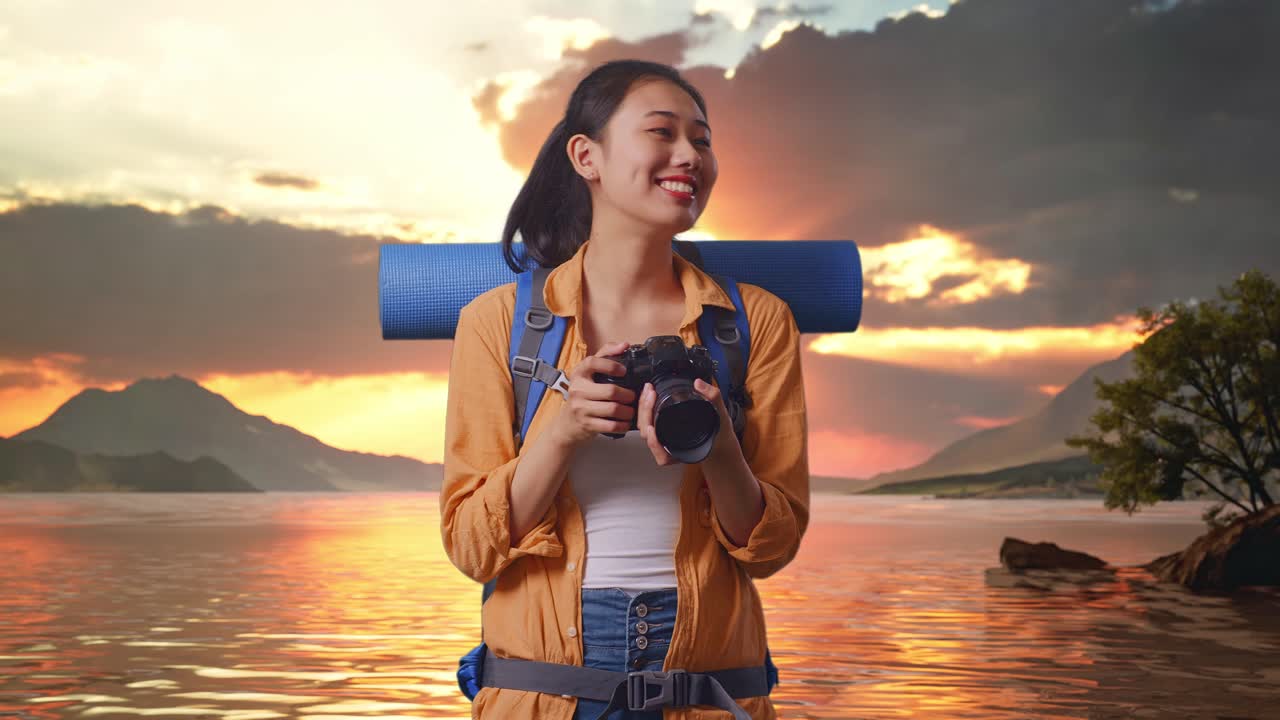 Asian Female Hiker With Mountaineering Backpack Smiling And Holding A Camera In Her Hands Then Looking Around While Standing At A Lake During Sunset Time