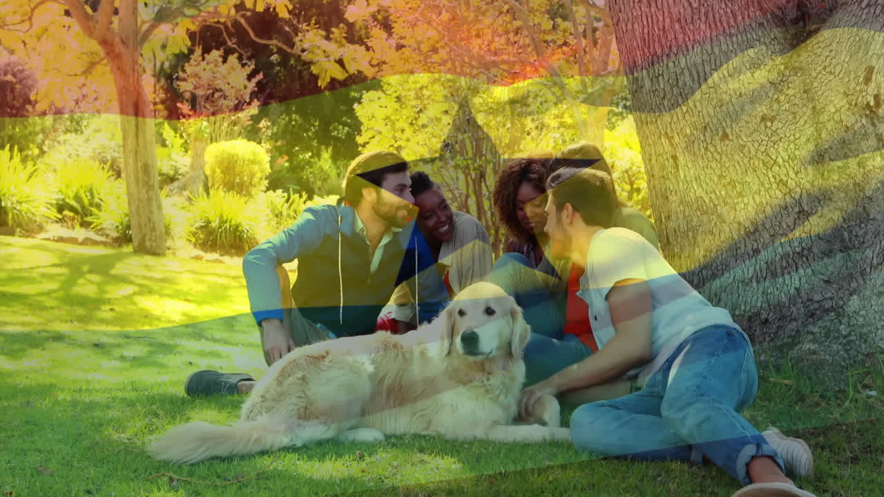 Sitting under tree with dog, friends enjoying animation with Ghana flag overlay