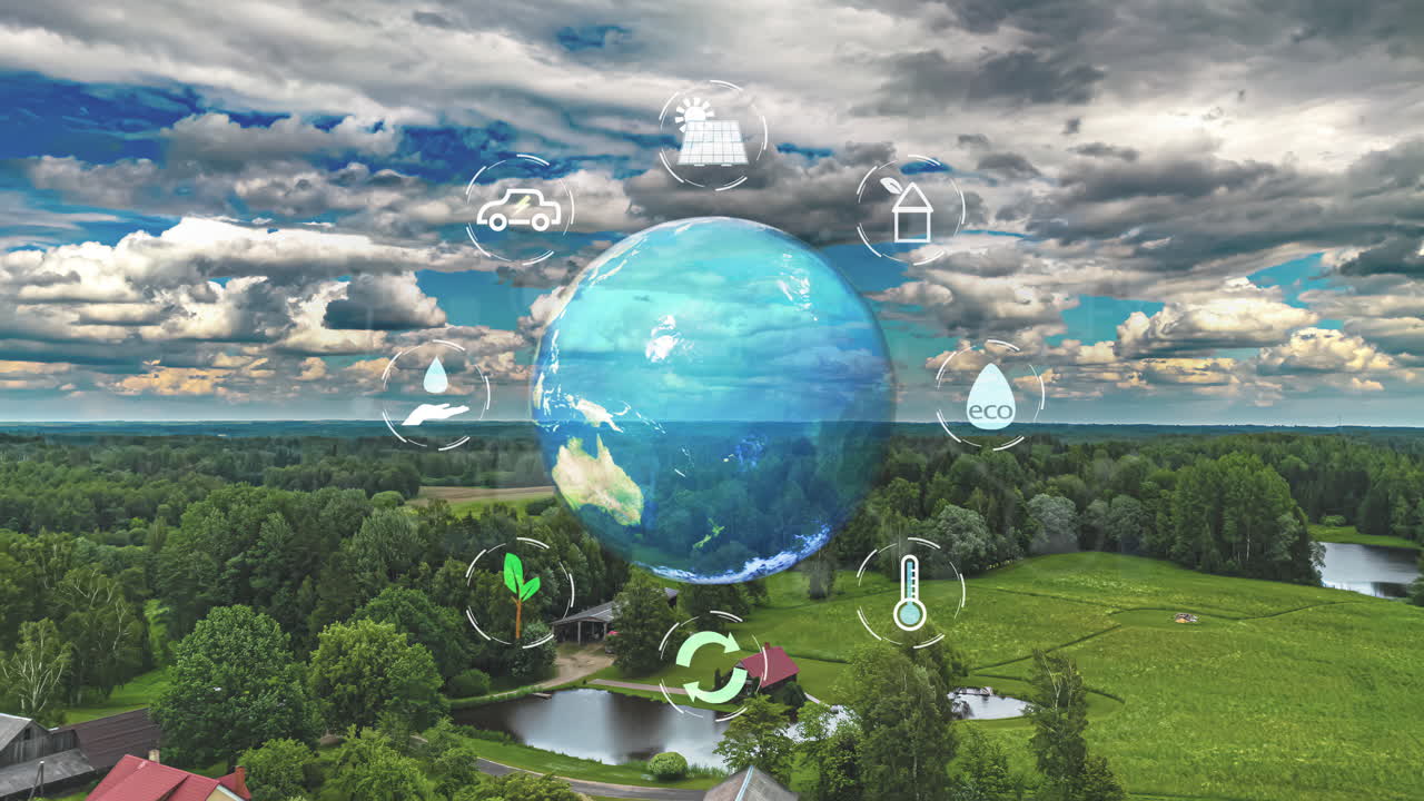 íconos de desarrollo sostenible alrededor de la tierra girando contra el fondo de la naturaleza