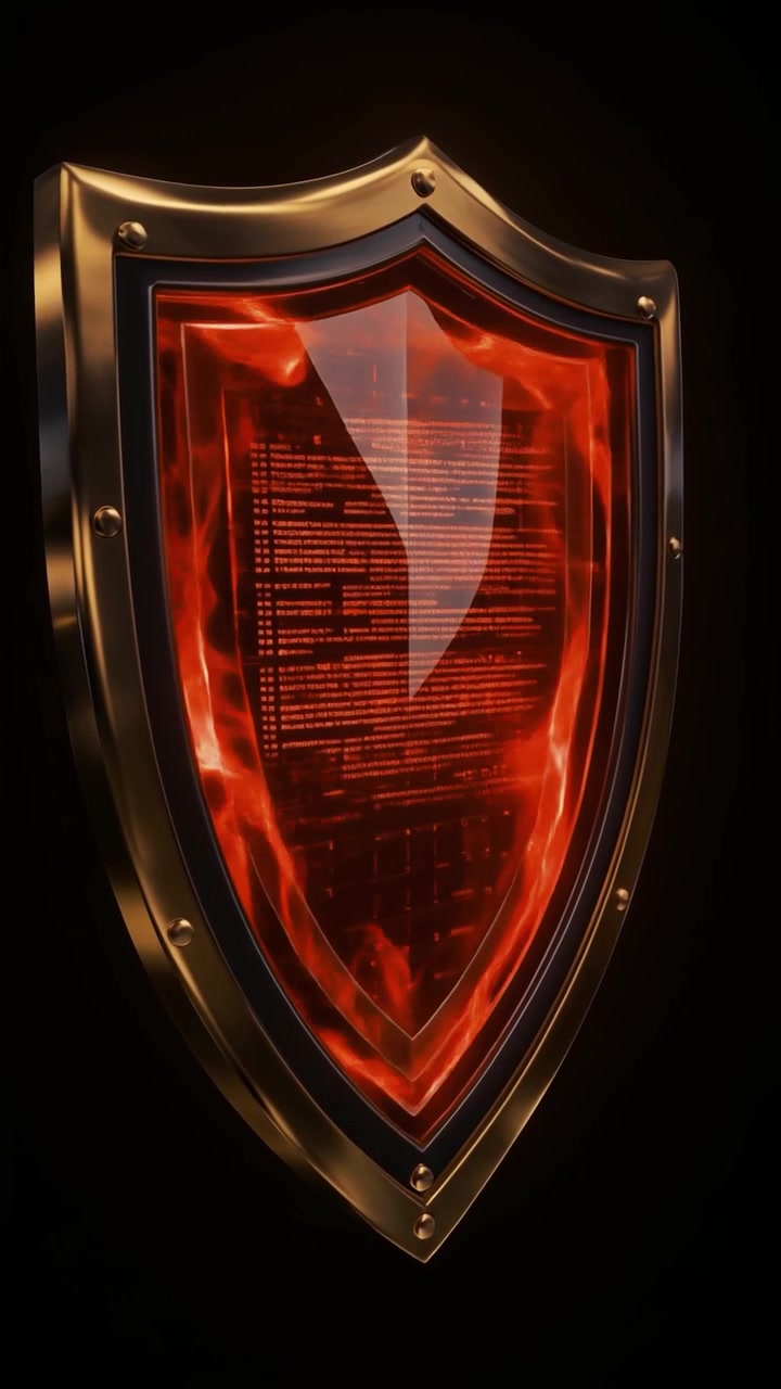 Digital Shield Icon with Glowing Red Code and Fire Effects