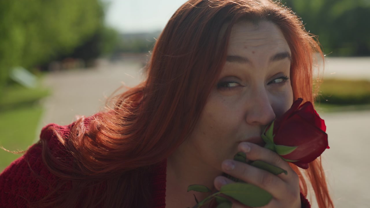 Close up of woman with long red hair holding and smelling single dark red rose in outdoor park setting. subject expression is calm as woman interacts intimately with flower set against soft