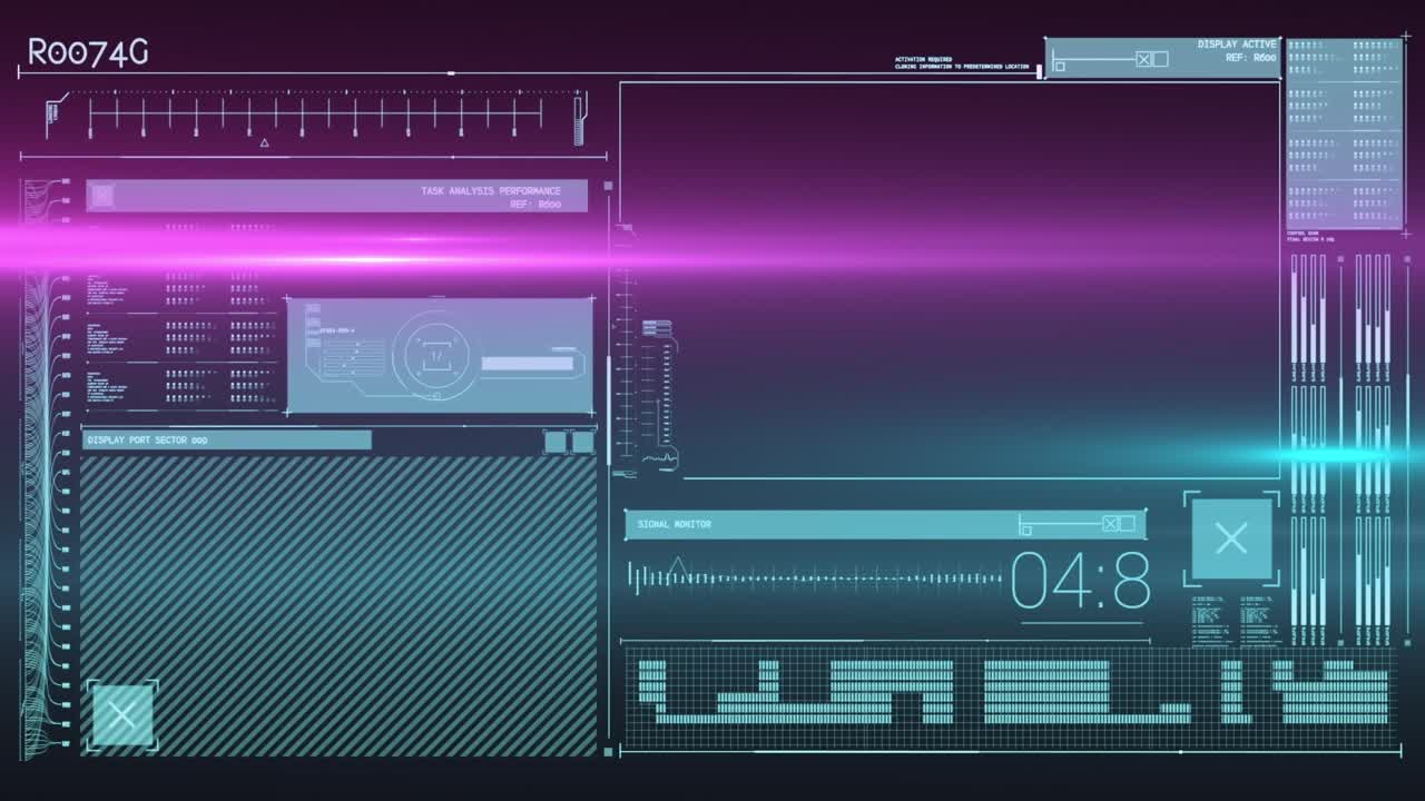 Animation of light trails over data processing on black background