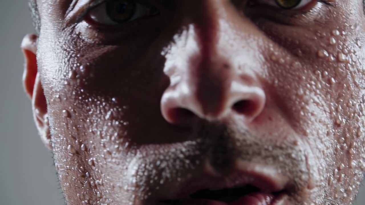 Sweat glistening on the face of a dedicated athlete after an intense workout, capturing the sheer effort and physical exertion involved in pushing personal limits during training