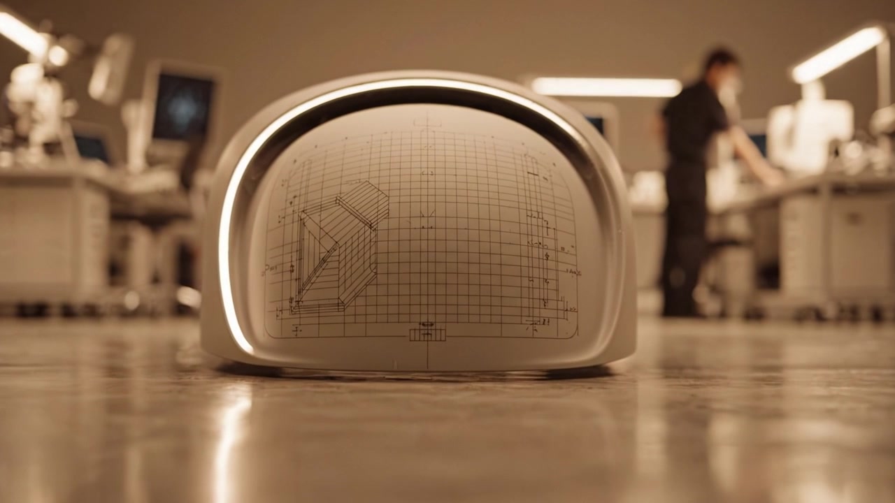 Primo piano di un dispositivo futuristico con disegni tecnici e un design illuminato in un moderno ambiente di laboratorio con professionisti al lavoro sullo sfondo.