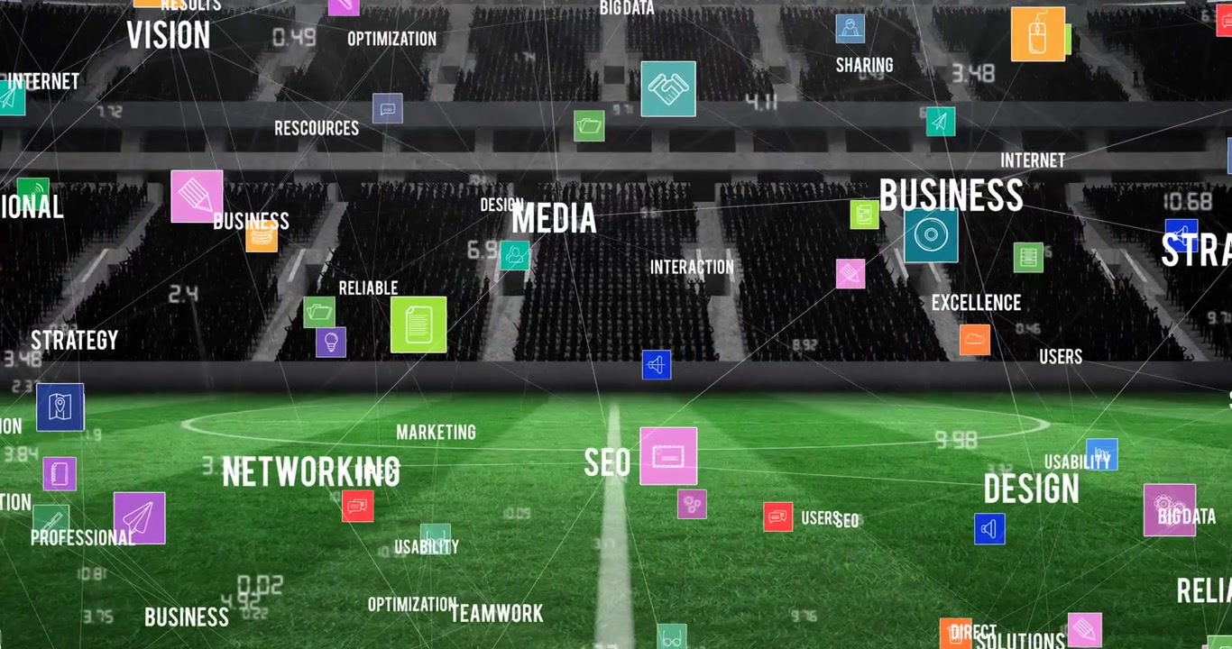 Animation of network of connections and text over empty stands in sports stadium