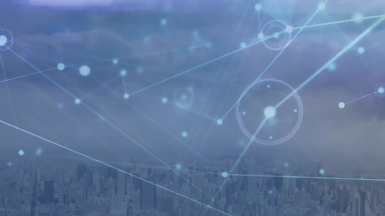 도시 풍경의 공중 시야에서 연결 네트워크와 조명 트레일의 애니메이션