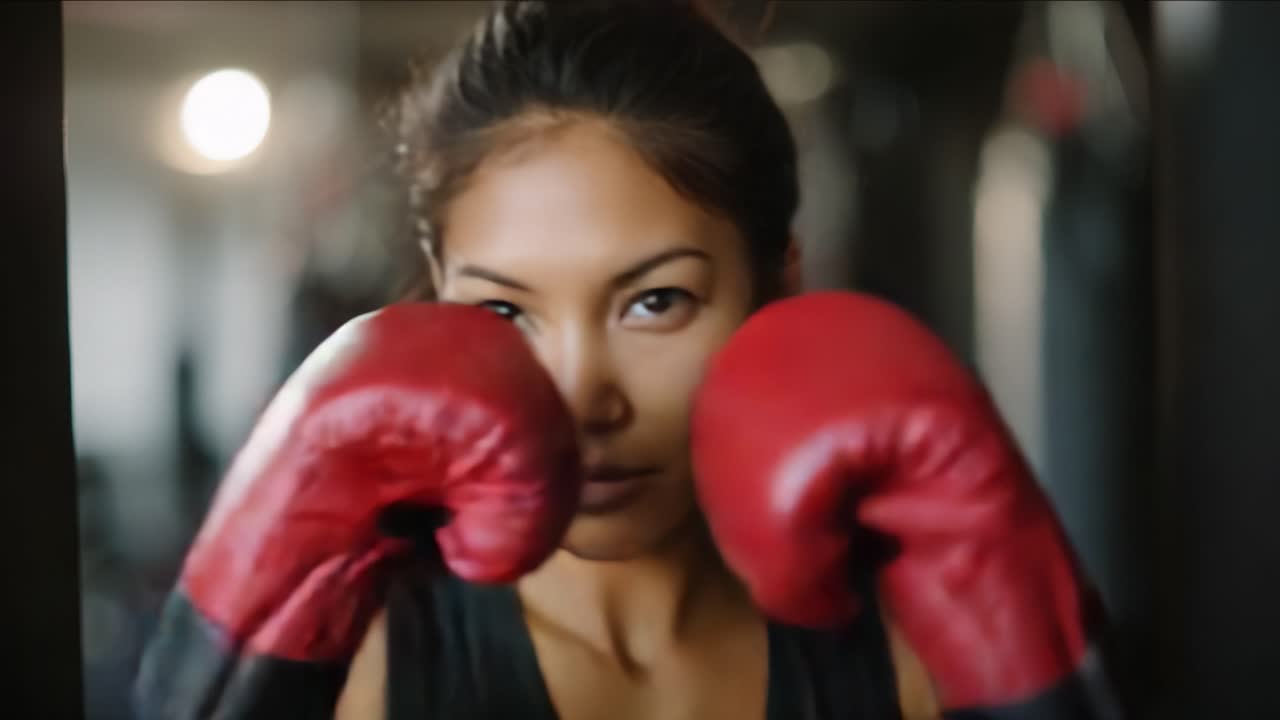 Boxer sicura di sé che si prepara all'allenamento con guanti rossi in palestra, che mostra forza e determinazione nella sua espressione concentrata
