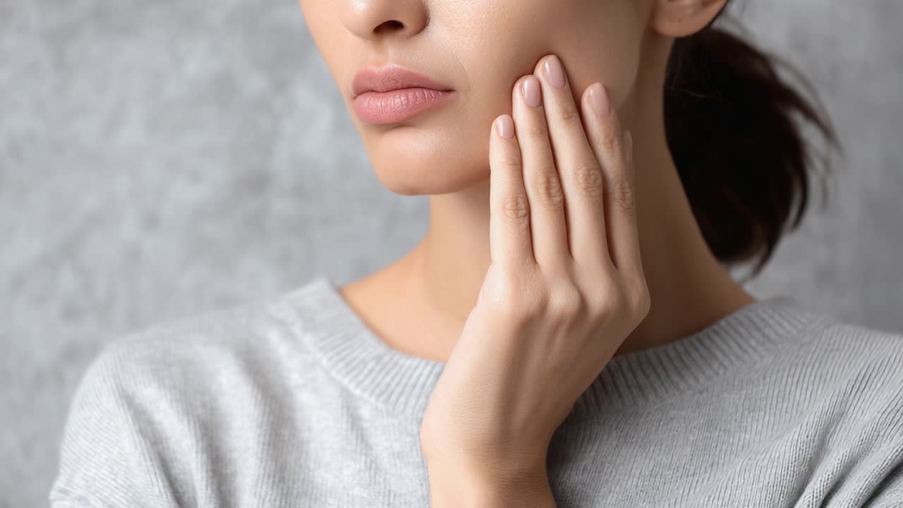 Close-Up Portrait of a Young Woman with Natural Makeup, Soft Expressions, and a Hand on Her Face, Captured Against a Subtle Gray Background