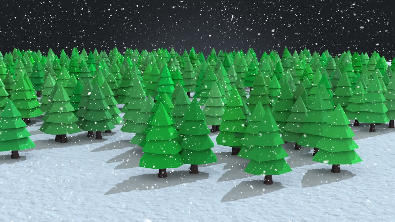 Animation of snow falling over fir trees and winter scenery