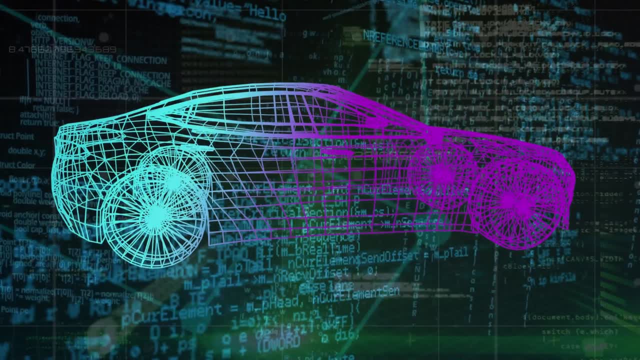 animación de un proyecto de automóvil que gira sobre el procesamiento de datos en espacio negro y azul