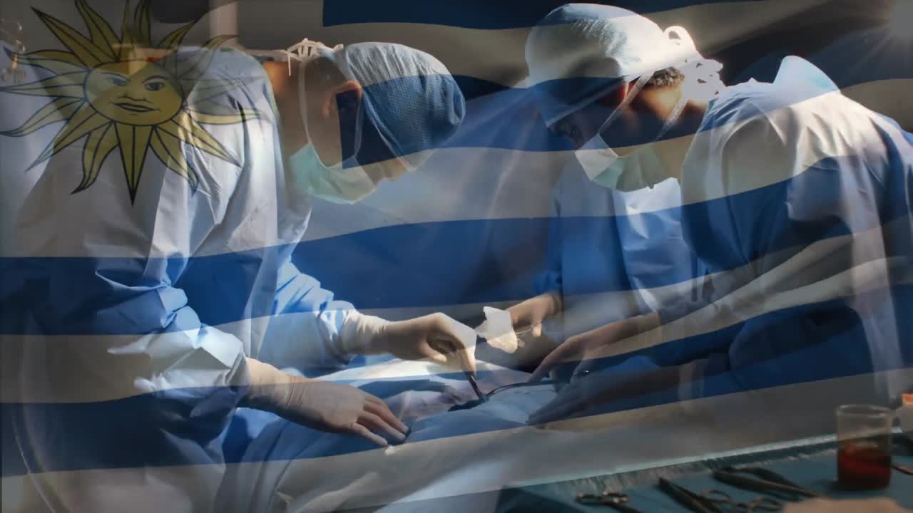 수술실 에 있는 외과 의사 들 위 에 우루과이 의  ⁇ 발 이 흔들리는 애니메이션
