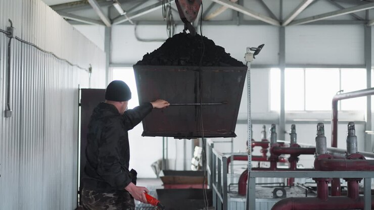 Worker controls coal bucket transportation in boiler room